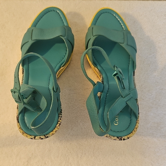 Cole Haan Nike Air Teal and Yellow  Sandals 9B Turquoise & Yellow Snake Wedge - Picture 16 of 16